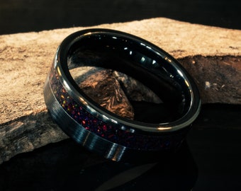 Mens Wedding Ring, Lava Stone, Offset Inlay