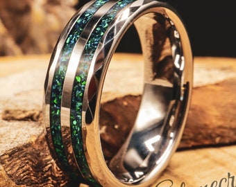 Polished Tungsten Mens Wedding Ring: Emerald Green Opal Inlay