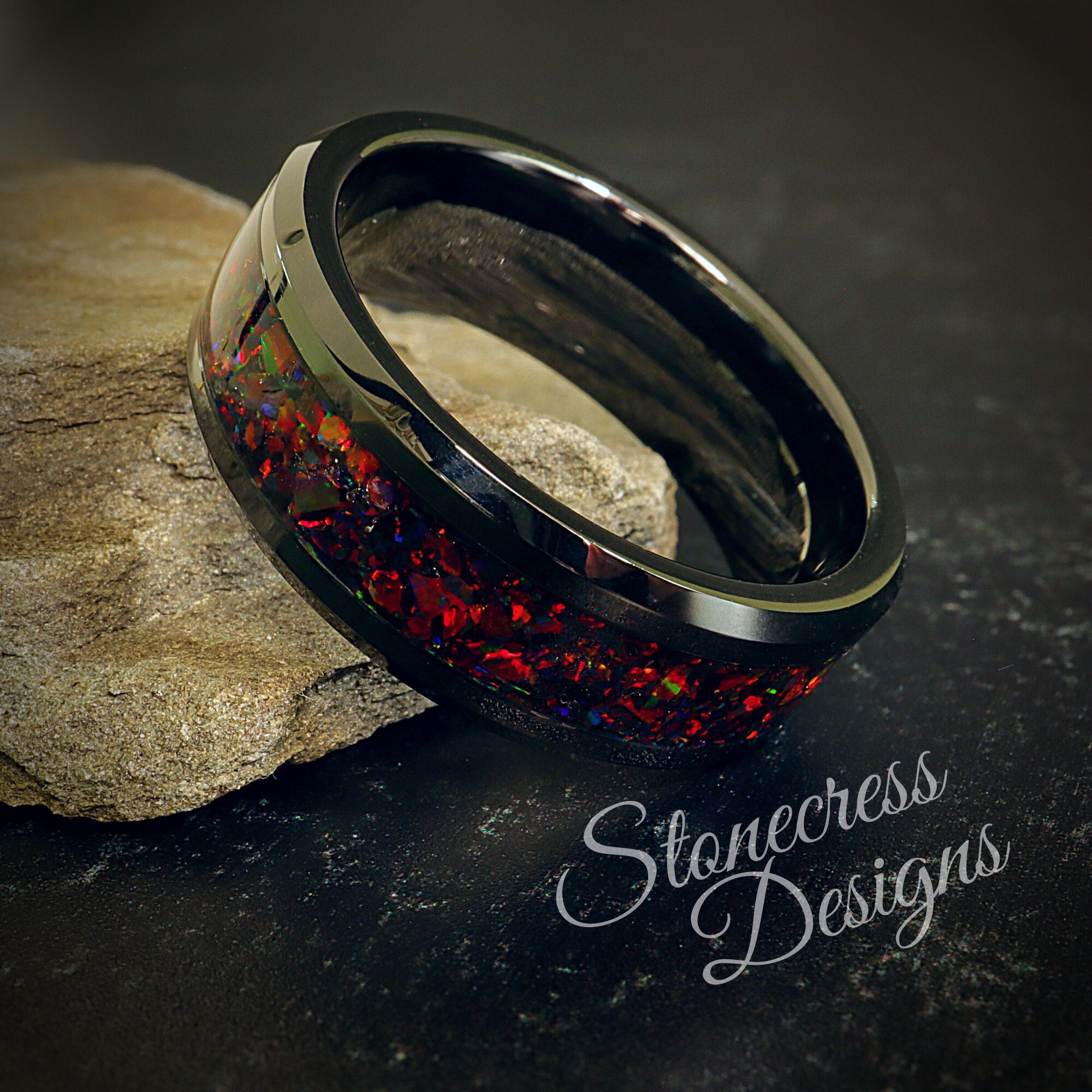 Crushed Fire Opal Men's Wedding Band: Black Ceramic Ring - Etsy