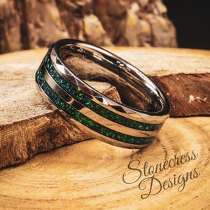 Mens Wedding Ring, Polished Tungsten Ring, Emerald Green, Mens Wedding Band, Tungsten Ring, Anniversary Ring, Gift for Men