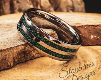Mens Wedding Ring, Polished Tungsten Ring, Emerald Green, Mens Wedding Band, Tungsten Ring, Anniversary Ring, Gift for Men