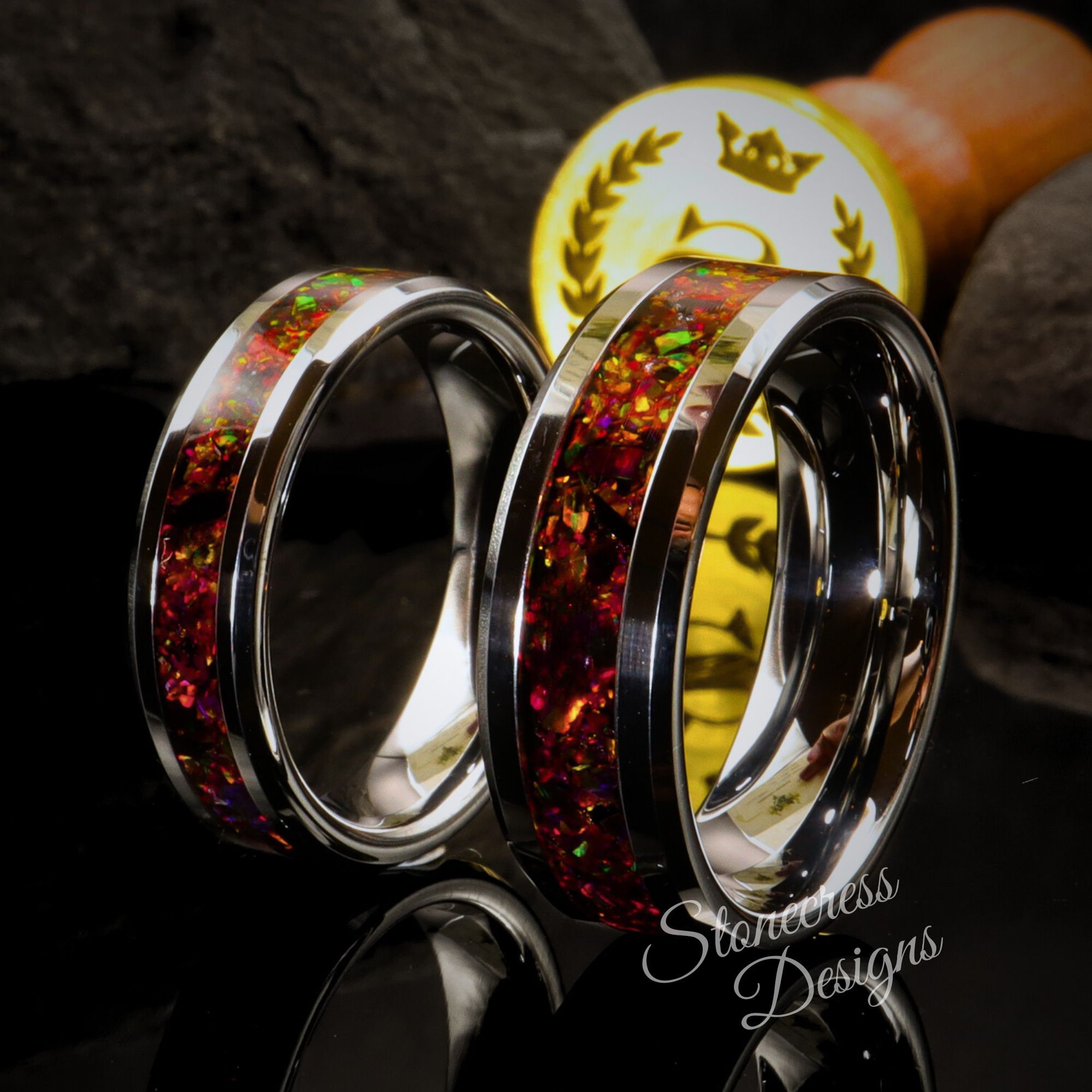 Tungsten Couples Rings | Blood Red Opal Inlay, Matching Wedding Bands ...