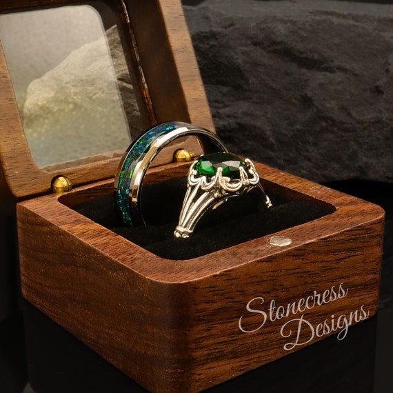 Couples Ring Set, His and Hers Rings, Matching Rings, Green Stone