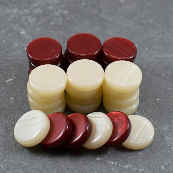 30 High Quality Acrylic Mother Of Pearl - Backgammon Checkers - Chips Red & Ivory 26mm (1.0 inches)