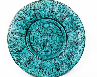 The Twelve Great Gods and Goddesses of the Greeks - Decorative Wall Hanging Plate Green Color -  Handmade in Greece