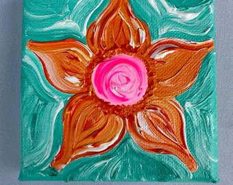 Moederdag cadeau, koelkastmagneet kunst, oranje bloem bloesem canvas schilderij, mini canvas schilderij, acryl geschilderd canvas, tropisch, kleurrijk