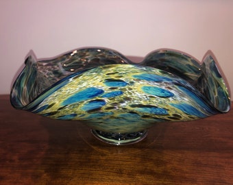 New Beautiful Oceanic Blue & Green Hand Blown Glass Bowl, Modern, Contemporary, Stunning