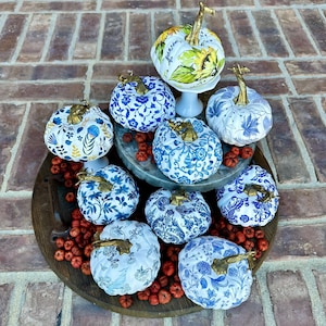 Artisan Decoupage Pumpkins, Chinoiserie Chic in Blue & White, Indigo and Cobalt Blue Patterns
