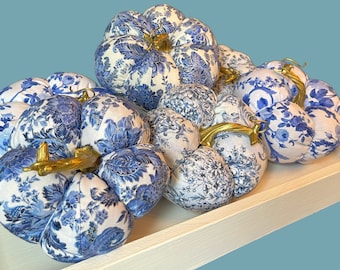 Chinoiserie Fabric Fall Pumpkins for Blue and White Thanksgiving Decor