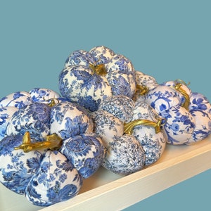 Chinoiserie Fabric Fall Pumpkins for Blue and White Thanksgiving Decor