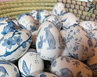 Set of 4 Blue & White Decoupage Eggs, Chinoiserie Eggs with Bunnies and Flower Patterns