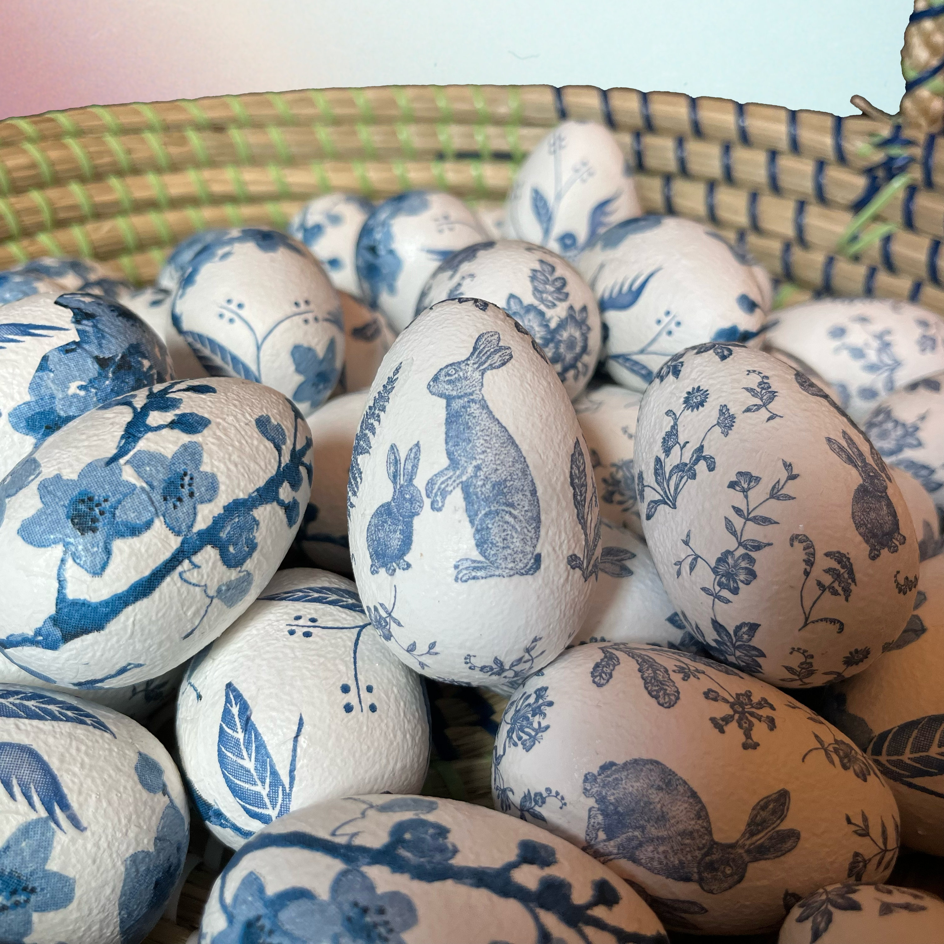 Wooden Eggs, blue bowl of three, floral design - Ancient Faith Store