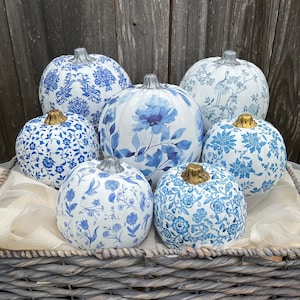 Blue & White Decoupage Pumpkins for Chinoiserie Chic, Fall Wedding Decor