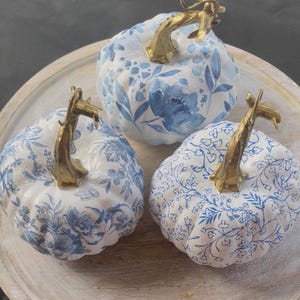 Small Blue & White Flower Decor Faux Foam Pumpkins