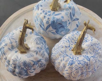 Small Blue & White Flower Decor Faux Foam Pumpkins