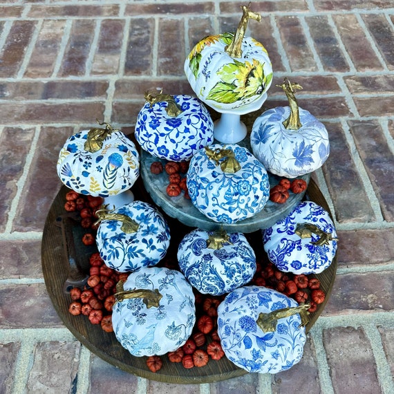 Artisan Decoupage Pumpkins, Chinoiserie Chic in Blue & White, Indigo and Cobalt Blue Patterns