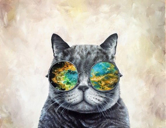 Spacey Cat Cat Painting Galaxy Glasses Cat Portrait | Etsy