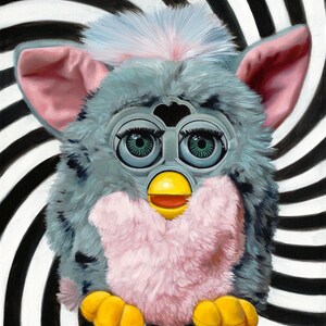 May include: A plush toy with grey and black fur, a pink chest patch, and a light blue tuft of hair on its head. It features large green eyes with long eyelashes, pink inner ears, a yellow beak, and yellow feet, set against a black and white spiral.