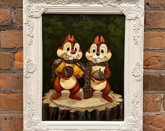 Chip and Dale, Oil Painting, Ornate Frame, Disney Art, Wall Decor, Wall Art, Original Oil Painting