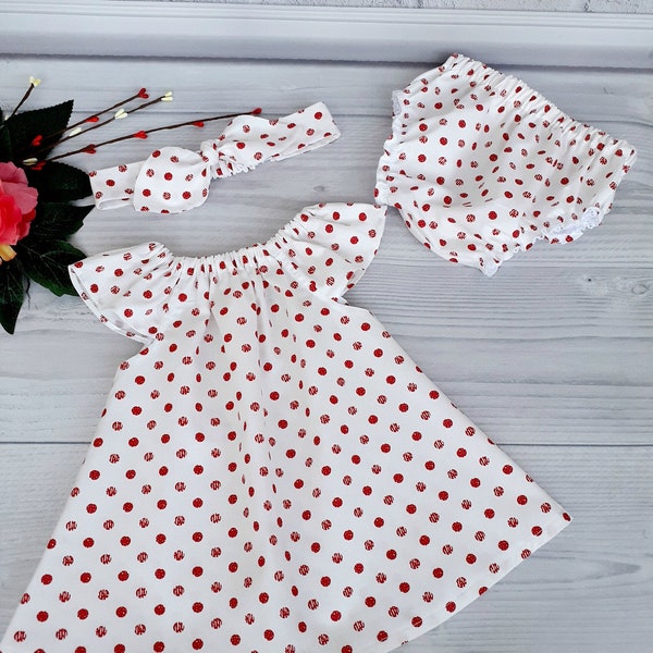 Robe bébé en coton avec bloomer, Robe fille à pois, Robe bébé personnalisée, Adorable robe fantaisie 0-24 mois, Bloomers avec bandeau