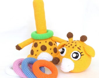 Giraffe stacking toy, Montessori sorting toy, amigurumi rainbow, crochet pyramid toy