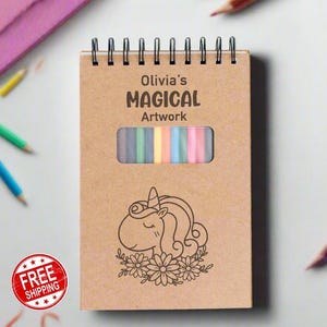 Personalized Drawing Sketchbook, Unicorn sketch book, custom young artist gift, cute drawing pad, with Colored Pencils, gift for boy or girl