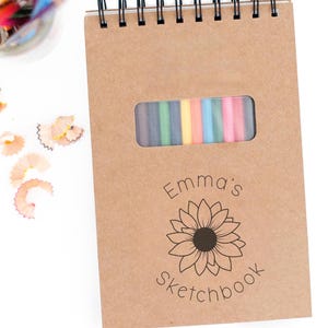 Personalized Drawing Sketchbook, custom young artist gift, sunflower drawing pad, Colored Pencils Included, Gift for Boys and Girls
