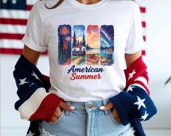 American Summer T-Shirt outdoor BBQ camping tee patriotic t-shirt for 4th of July summer watercolor brush stroke shirt for outdoor lover