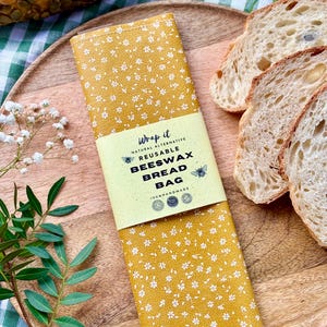 Reusable beeswax bread bag -  reusable bread bag XL - sourdough bread bag - mustard with flowers