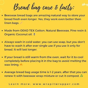 Pu&ograve; includere: Un grafico giallo con il testo "Bread bag care & facts" e punti elenco sui sacchetti per il pane in cera d'api. Il testo spiega come prendersi cura dei sacchetti e i loro vantaggi. Viene visualizzato anche il sito web www.wrapitwrapper.com.