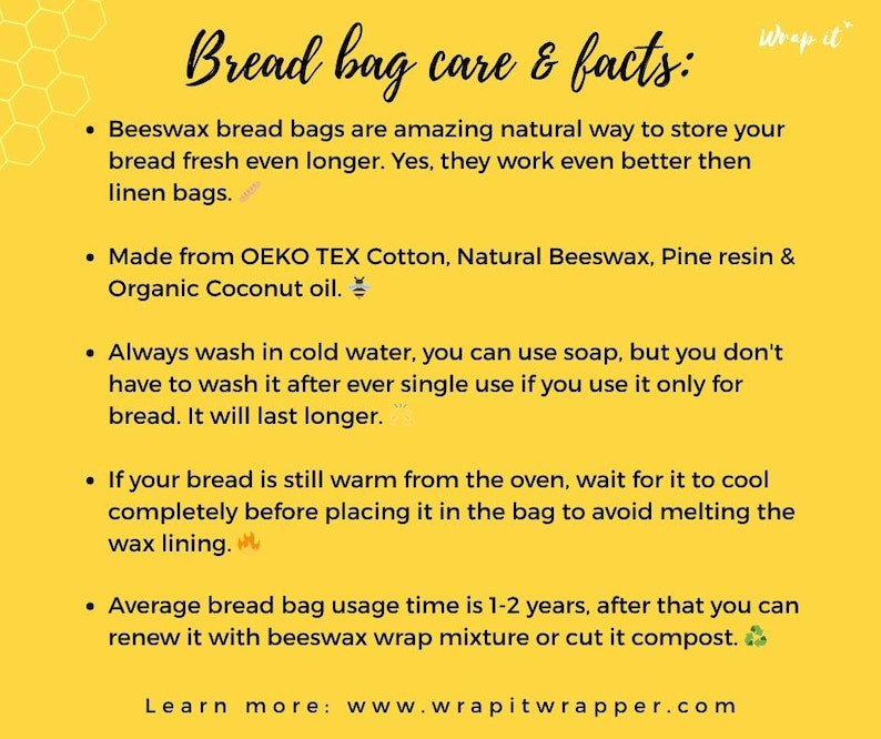 Pu&ograve; includere: Un grafico giallo con il testo "Bread bag care & facts" e punti elenco sui sacchetti per il pane in cera d'api. Il testo spiega come prendersi cura dei sacchetti e i loro vantaggi. Viene visualizzato anche il sito web www.wrapitwrapper.com.