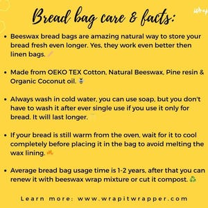 Pode incluir: Um gr&aacute;fico amarelo com o texto "Bread bag care & facts" e marcadores sobre sacos de p&atilde;o de cera de abelha. O texto explica como cuidar dos sacos e seus benef&iacute;cios. O site www.wrapitwrapper.com tamb&eacute;m &eacute; exibido.