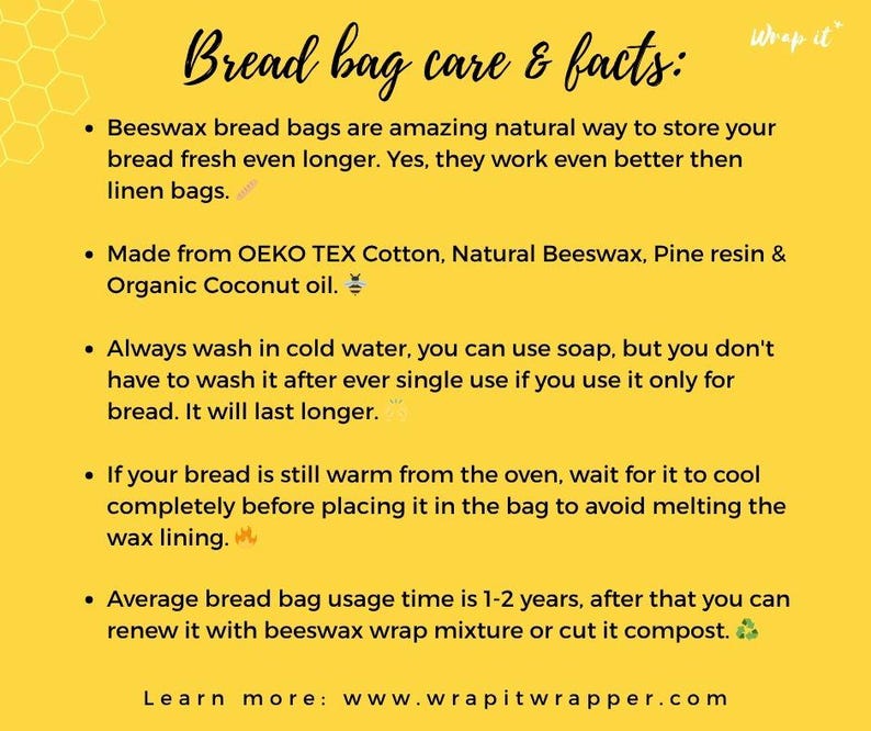 Pode incluir: Um gr&aacute;fico amarelo com o texto "Bread bag care & facts" e marcadores sobre sacos de p&atilde;o de cera de abelha. O texto explica como cuidar dos sacos e seus benef&iacute;cios. O site www.wrapitwrapper.com tamb&eacute;m &eacute; exibido.