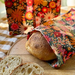 Reusable beeswax food bag - XL bread bag -  sourdough bread bag - travel food bag - floral