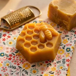 Puede incluir: Una barra de cera de abeja hexagonal de color amarillo dorado con un patrón en relieve de abeja y panal, acompañada de un rallador metálico y un bloque mayor de cera bruta sobre una tela blanca con estampado floral colorido.