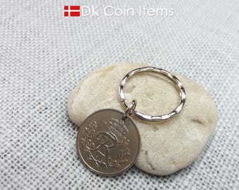 Danish 1952 Coin Pendant Keychain - Vintage 25 Øre - Crown R Initial