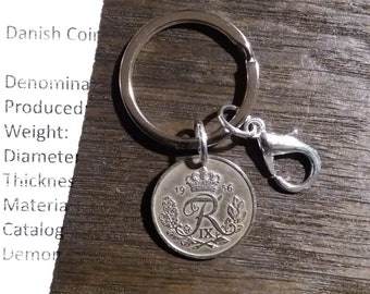 R initial coin 65 year old danish 25 ore Crown coin. 1956 coin pendant Coin keychain Genuine authentic vintage coin from Denmark