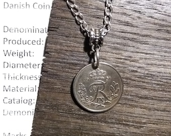 R initial coin 65 year old danish 25 ore Crown coin. 1956 coin pendant Coin keychain Genuine authentic vintage coin from Denmark