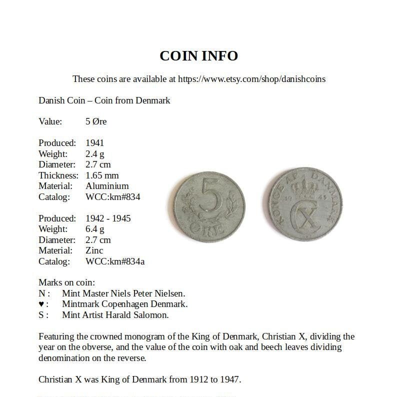 Genuine vintage coin 80 year 5 ore from Denmark 80th gift. Authentic crown coin 1941 coin pendant necklace Cord by choice C initial