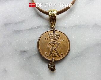 Denmark 1966 coin necklace: Crowned R-monogram - Vintage 5 ore pendant - Danish souvenir - 60th birthday gift - 5th anniversary