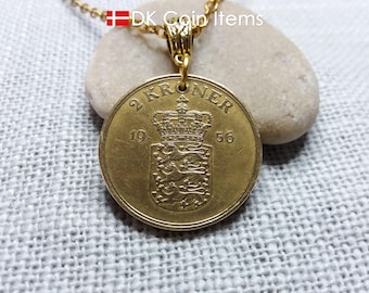 Denmark 1956 Coin Necklace - 2 kroner - Crowned Coat of Arms Pendant