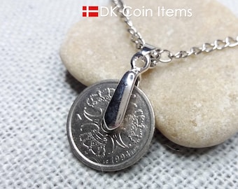 Denmark 1 Krone Coin Pendant Necklace - Crowns, Hearts and M Initials