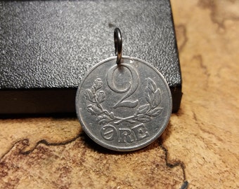 2nd anniversary gift. Danish coin pendant. Light aluminum 2 ore from 1941. 81 year old C initial coin charm for necklace keyring keychain.