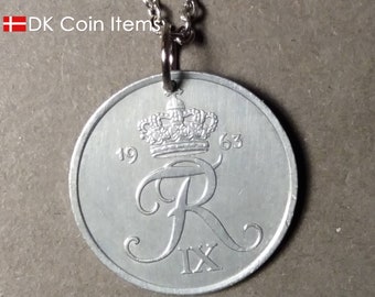 Denmark 1963 coin necklace. Crown R pendant. 60 year old danish 5 ore as coin charm. 60th birthday anniversary gift. Cord/chain options.