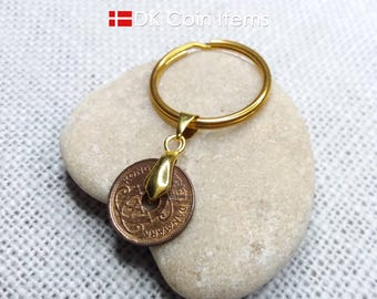 Danish 1939 Coin Keychain: Antique 1 Ore Pendant, Crown C Monogram
