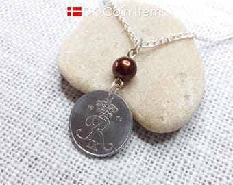 Denmark 1971 Coin Necklace - Crown R Initial - Vintage 2 Øre Pendant