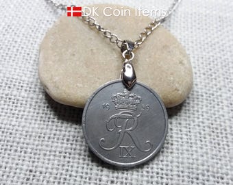 Denmark 1959 Coin Necklace - Crowned R Initial - Vintage 5 Øre Pendant