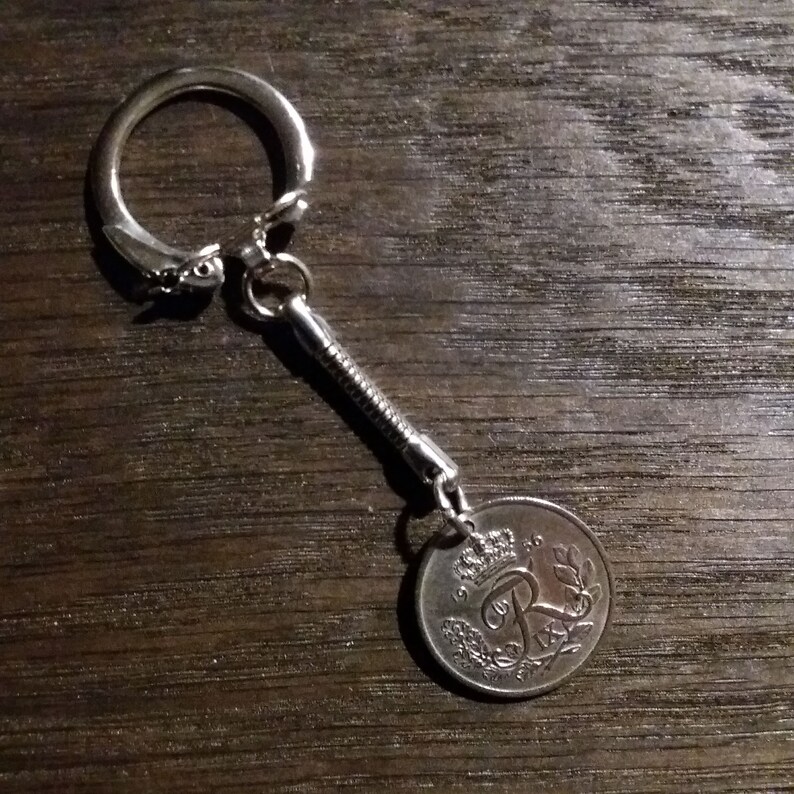 R initial coin 65 year old danish 25 ore Crown coin. 1956 coin pendant Coin keychain Genuine authentic vintage coin from Denmark