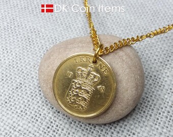 Denmark 1948 Coin Pendant Necklace - Crowned Coat of Arms - Danish Vintage 1 krone
