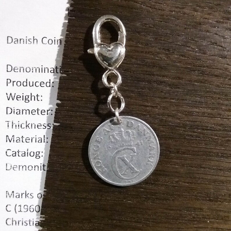C initial 80 year 5 ore from Denmark Genuine vintage coin 1941 coin pendant charm Purse charm Authentic crown coin 80th birthday gift.